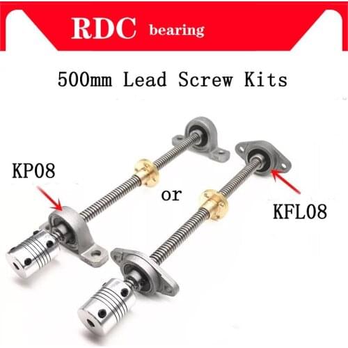 High quality T8 Lead screw 500 mm 8mm + brass copper nut + KP08 or KFL08 bearing Bracket +Flexible Coupling for 3D printer&CNC
