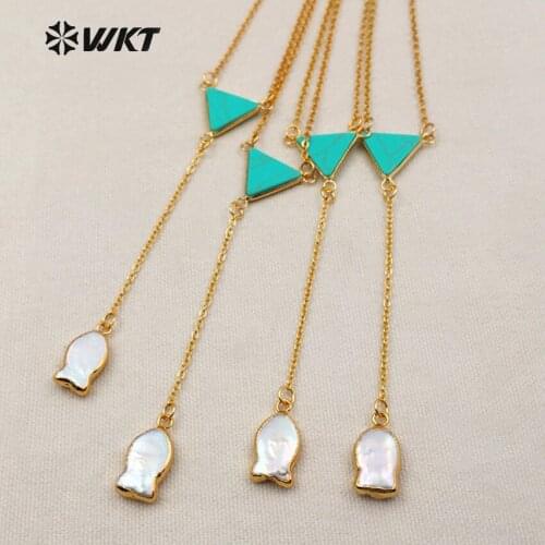 WT-N1091 WKT Fashion Triangle Shpae Green Stone Connect With Fish Shell Pendant Chain Pendant Necklace Women Charming Necklace