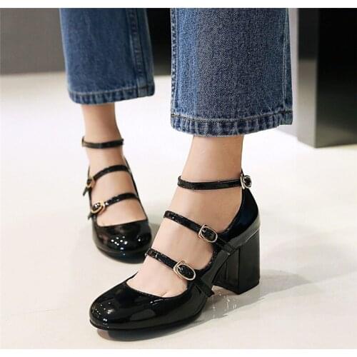 YMECHIC 2018 Ladys Mary Jane Chunky High Heels Red Pink Black Womens Pumps Spring Summer Plus Size Buckles Mary Janes Heeled