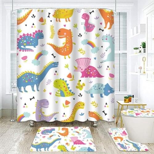 Cartoon Dinosaur Shower Curtain Set Lovely Animal Cat Waterproof Polyester Hanging Curtains Decor Kids Bath Curtain with Hooks