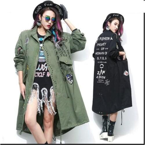 Female Long Design Loose Punk Rivet Trech Badge Applique Windbreaker Letter Print Spike Outerwear Punk Army Green Rivet Coat