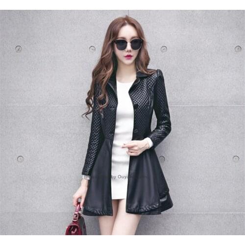 PU Womens 2020 Leather Jacket Faux Fur Collar Skirt Coat Slim Female Elegant Belt Jackets Jaqueta Couro Feminina WXF261 s