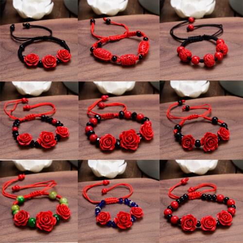 Fashion Vintage Black Rope Red Rose Women Bracelets Vintage Flower Red Retro Bracelets Adjustable