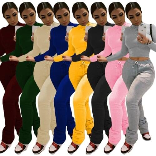 Women Winter Solid Two Piece Set Long Sleeve Fleece Crop Top And Casual Stacked Jogger Sweatpants Drawstring Matching Suit