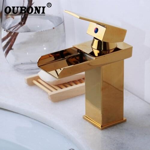 OUBONI Golden Polished Solid Brass Waterfall Bathroom Faucet Basin Golden Plated Handle Hole Basin Sink Mixer Tap Faucet