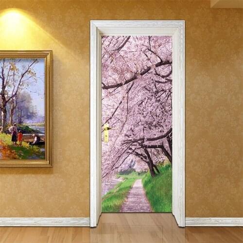 2pcs/set Cherry blossoms Wall Art Picture Mural Wall Stickers Door Sticker Wallpaper Decals living Room bedroom Home Decoration