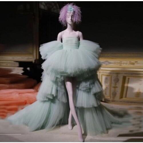 Strapless Party Dress Mint Long robe de soiree abendkleider vestido de festa longo Puffy High Low Formal Dress Sexy