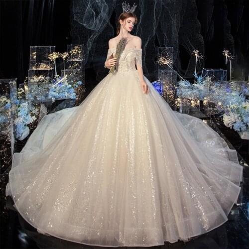 Vestidos De Novia Shining Ball Gown Wedding Dress with Veil Beading Pearls Luxury Robes De Mariage Chapel Train Trouwjurk