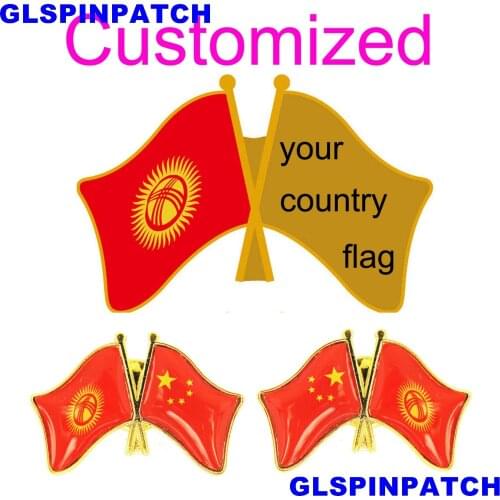 Kyrgyzstan Crossed Friendship Flag Double Country lapel pin Brooch USA UK France Chile Russia Saudi Arabia Japan Spain Badge