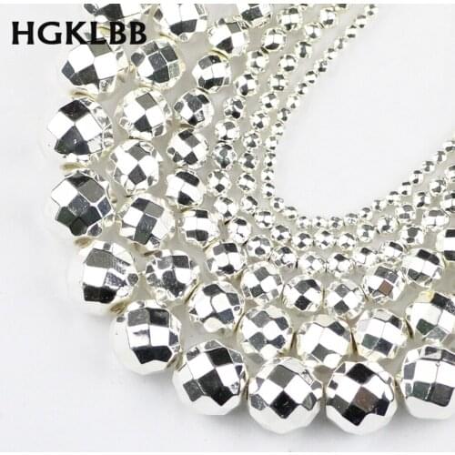 HGKLBB White Gold Hematite beads Natural Stone 2/3/4/6/8/10mm Faceted Round Loose beads Jewelry Making bracelets DIY Accessories