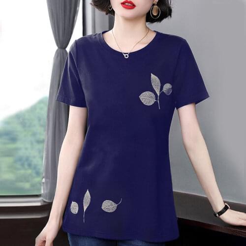 Cotton T-shirt Women O-neck Shirt Middle-aged Mothers Office Wear Loose Summer Print Casual Short-sleeved Female Clothes Y218