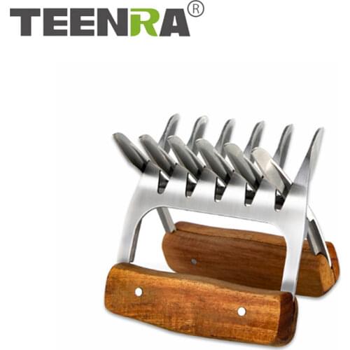 TEENRA 2pcs BBQ Bear Claw Stainless Steel Bear Claw Wooden Handle Barbecue Fork BBQ Meats Splitter kitchen Cooking Tool