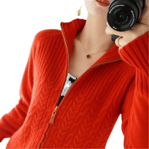 2021 Spring new cashmere cardigan womens zipper fashion Twisted flower stand collar long sleeves wool sweater coat A558