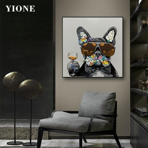 Graffiti French Bulldog Canvas Oil Painting Funny Animal Dog Sunglasses Wine Glass Wall Picture Prints Art Poster for Living