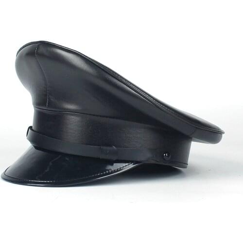 Black Leather Germany Officer Visor Cap Army Hat Cortical Military Hats Police Cap Cosplay Halloween Hat Size M L XXL