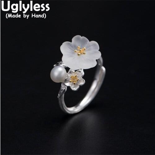 Uglyless Natural Matte Crystals Plum Blossom Rings for Women Elegant Silver Floral Rings Real 925 Silver Pearls Jewelry Ethnic