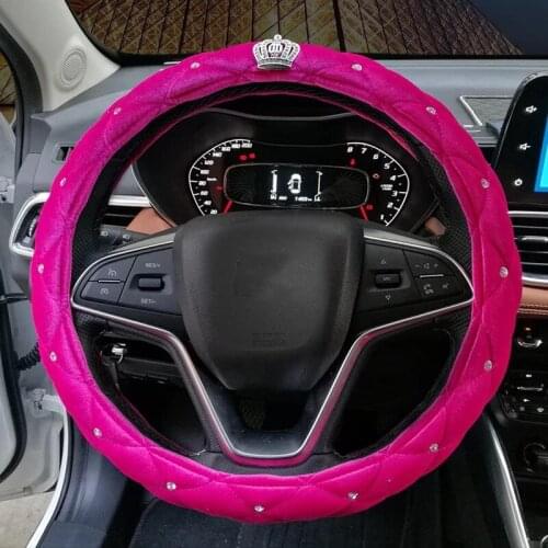 37-38cm Crown Luxury Rhinestones Soft Plush Steering Wheel Cover Kit Winter Warm Auto Car Interior Accessory For Camry Accord K5