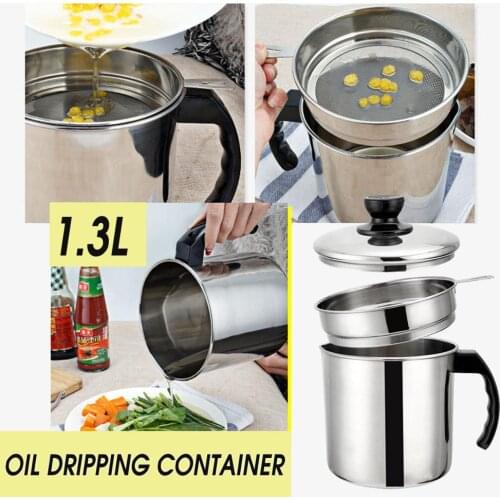1.3L Oil Pot Kitchen Lid Filter Container Steel Bottle Cooking Grease Tools
