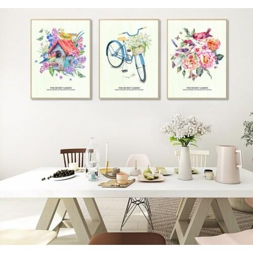 Colorful Peony Flowers Canvas Painting Watercolor Bicycle Wall Art Picture Nordic Pastoral Style Living Room Home Decoration