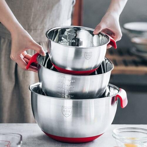 Creative Silicone Handle Stainless Steel Non-slip Scale Mixing Bowl Kitchen Salad Bowl For Cooking Baking Egg Mixer Food Storage