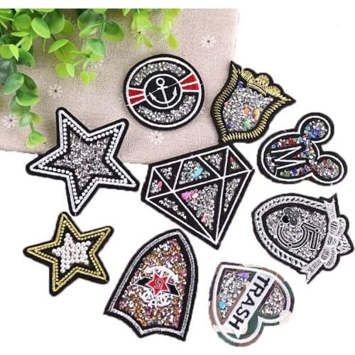 Fashion Embroidered Rhinestone Patches Star Heart Cloth Sticker Hot Heat Transfer DIY Iron Sew On Clothing Bag Shoes