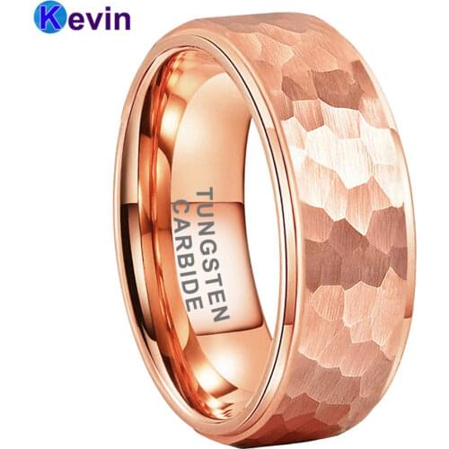 Men Women Hammer Ring Rose Gold Tungsten Wedding Bands With Multi-Faceted Hammered Stepped Brushed Finish 6MM 8MM Comfort Fit
