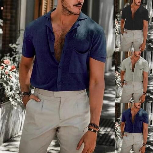 Short Sleeve Casual Shirt Turn-down Collar Loose Buttons Closure Solid Color Summer Shirt Men Clothing