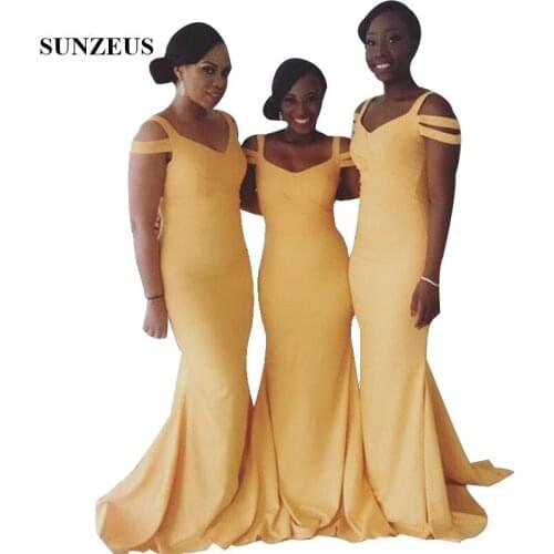 Mermaid Yellow Bridesmaid Dress Long Elegant Black Women Wedding Party Gowns V-neck Straps Simple Formal Dresses
