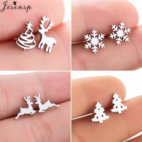 Jisensp Lovely Christmas Tree and Elk Stud Earrings Stainless Steel Earrings Fashion Jewelry for Women Men Christmas Gift bijoux