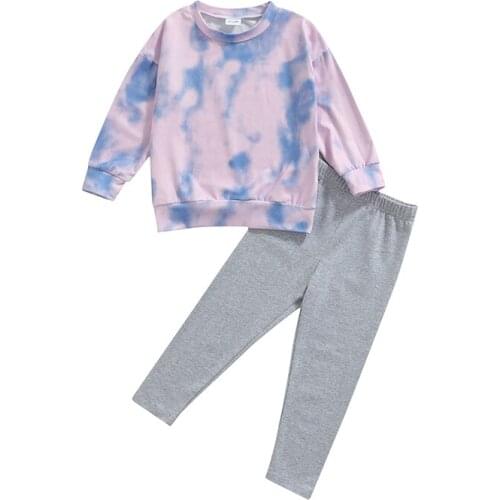 2Pcs Kids Autumn Tracksuit Clothes Set Tie-Dye Long Sleeves T-Shirt Solid Color Elastic Waist Pant Suit for Toddler Girls 18M-6Y