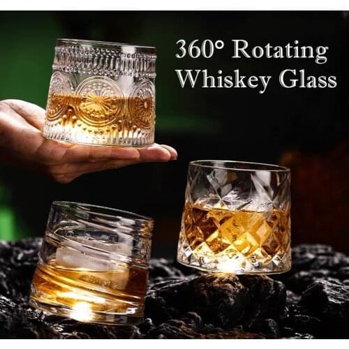 2pcs Spirits Whiskey Glasses Vodka Cup 360° Rotation Engraved Diamond 250ml 8.8oz Drinking Tumbler Glass Bar Restaurant Barware