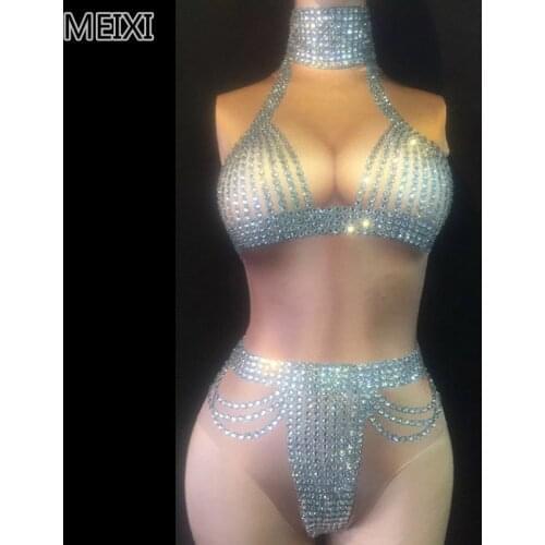 Super sexy shiny silver diamond bikini jumpsuit bar birthday party concert singer dancer costumes