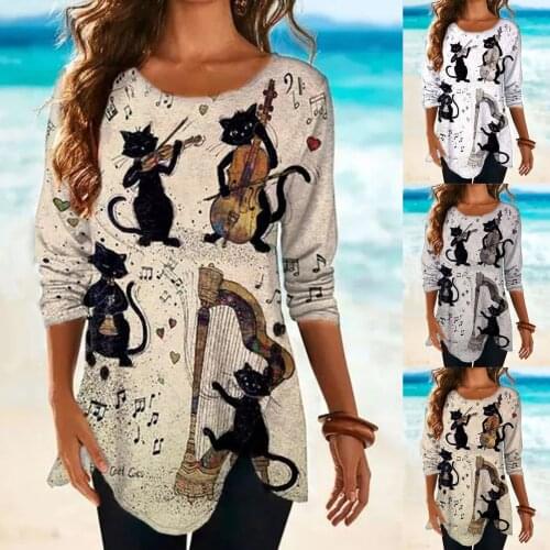 New Style Tide Womens Autumn Fashion Pullovers Mid-length Round Neck Cat Printed Long Sleeved Loose Sweatshirt Women Tops