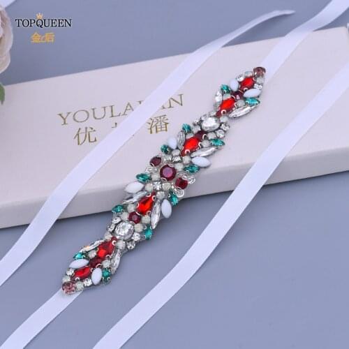 TOPQUEEN S477 Jewel Sash for Bride Green Red Rhinestone Diamond Belt Sequin Bridal Belt Womens Party Belt Prom Dress Belt
