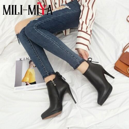 MILI-MIYA Genuine Leather Ankle Women Boots Sexy Fashion Super High Thin 10cm Heels Height Handmade For Ladies Hot Sale