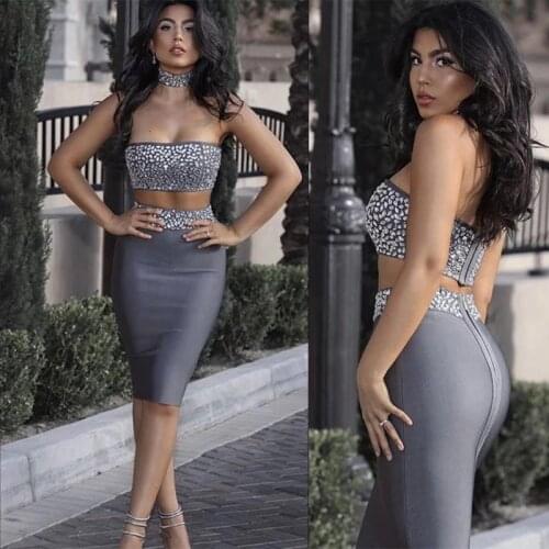 New Arrival Crystal 2 Two Sets Sexy Strapless Short Midi Bandage Dress Zippers Bodycon Women Two Sets Celebrity Party Club HL