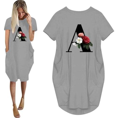 New Initials A Letter Printed Women Summer Casual Loose Dress With Pocket Ladies Fashion O Neck Long Tops Female T Shirt Dress