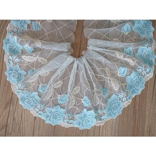 2Yards Soft Mesh Rose Flowers Embroidery Lace Fabric Trim Sky Blue Applique For Bra Lingerie Underwear Dolls Dress Ribbon 16cm
