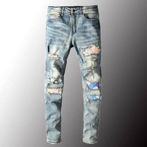 New Mens Vintage Patchwork Stretch Biker Jeans Streetwear Holes Ripped Slim Skinny Denim Pants High Quality Trousers 40