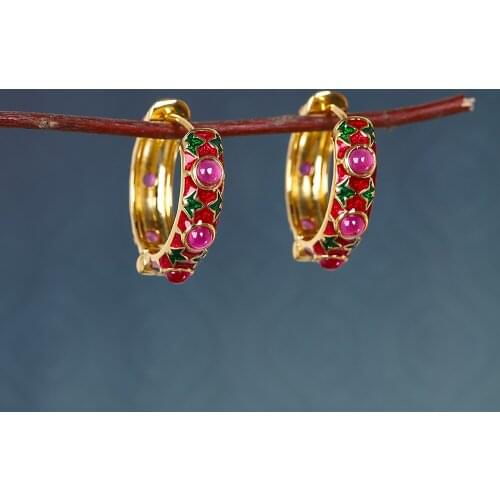 Pure 925 Silver Gold Plated Cloisonne Red Corundum Hoop Earrings For Women Colorful Enamel Trendy Earring Fine Jewelry Gift