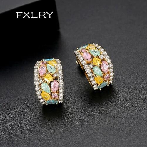 FXLRY High Quality Colorful & White Color AAA Cubic Zircon Trendy Stereo Stud Earrings For Women Fashion Party Jewelry