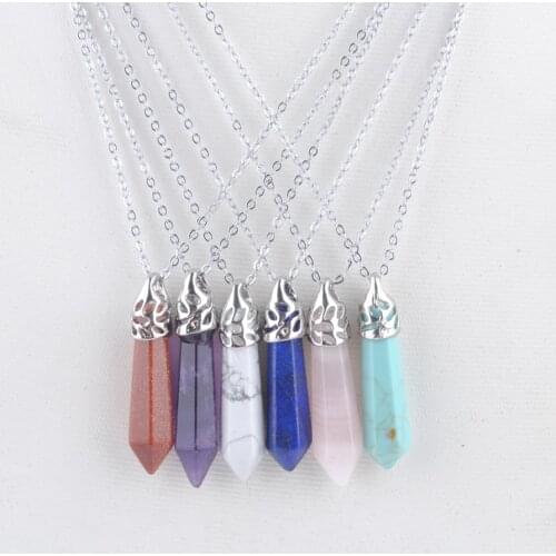 Hexagonal Pillar Charm Pendant With Necklace For Women Jewelry Gift Natural Stone Lapis Lazuli Opal Crystal Chain 45cm QBN469