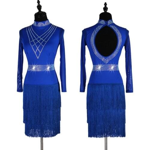 New Style Latin Dance Costume Performance Clothing High-end Blue Fringed Latin Dance Dress Women Sexy Black Tassels Skirt