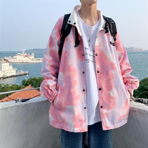 Jacket men 2020 tie-dye double-sided wear printed stand-up collar loose mens clothes Harajuku tops all-match large size coat