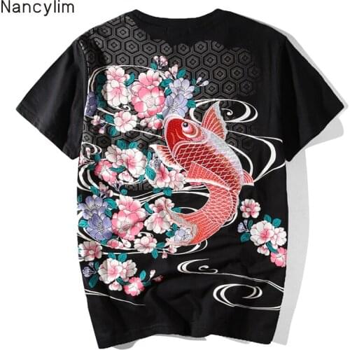Fashion Brand Embroidered Carp Short Sleeve T-shirt Summer Mens Plus Size T-shirt Loose Jacket Male All-match Black Tops Shirts
