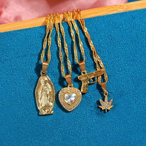 Trendy Shiny Heart Leaf Crystal Pendant Necklaces Women Gold Color Multilayer Portrait Pistol Necklace New Design Jewelry Gift