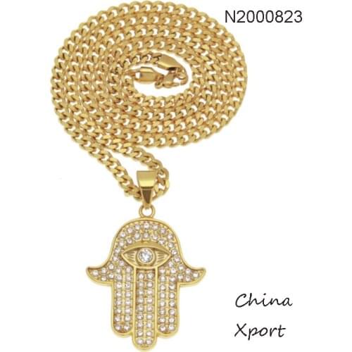 High quality stainless steel men necklace inlaid with zircons big hand of Fatima male cool Hamsa hand pendant Hiphop cuba chain