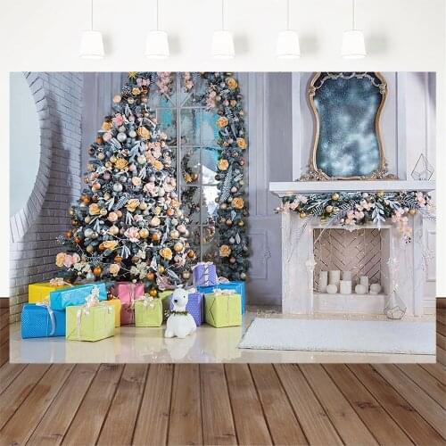 Christmas Fireplace Backdrop Family party Christmas Tree Brick Wall Backdrop Colouful gift Boxs Window Background Photobooth
