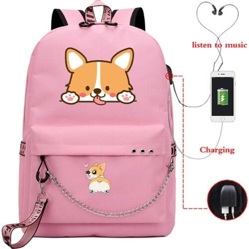 Corgi Dog Print USB Backpack School Bags Kawaii Animal Corgi Dog Travel Bags Laptop Chain Backpack Headphone USB Port Mochila