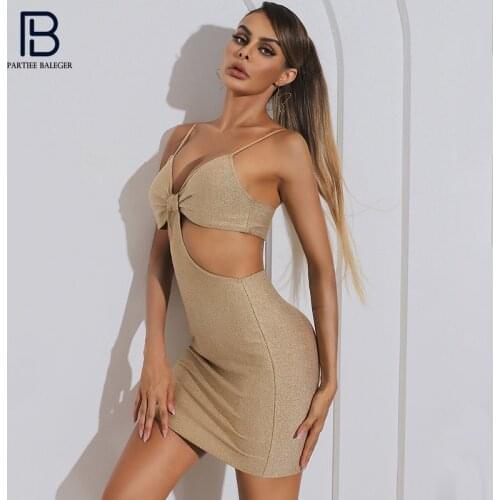 PB Stylish High Waist Gold Mini Slip Dress Sexy V Neck Hollow Out Celebrity Party Club Bandage Vestido Free Shipping